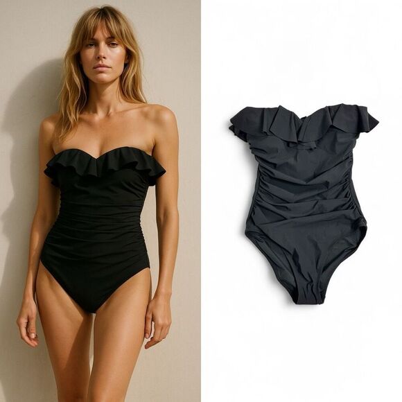 J.Crew Matte Ruched One-piece Ruffles Bandeau Swimsuit Sz 6 Removable Straps NWT - Picture 1 of 11